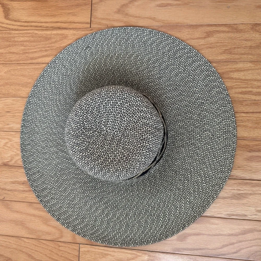 Karen Keith OS Black Tan Straw Wide Brim Sun Hat Geo Band Summer Beach Chic